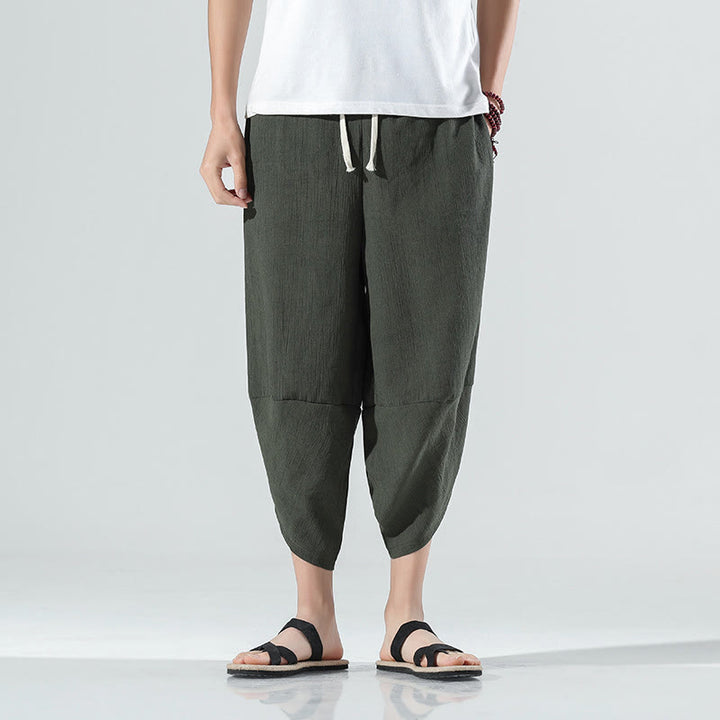 Buddha Stones Plain Simple Design Drawstring 7-8 Length Linen Men's Harem Pants With Pockets