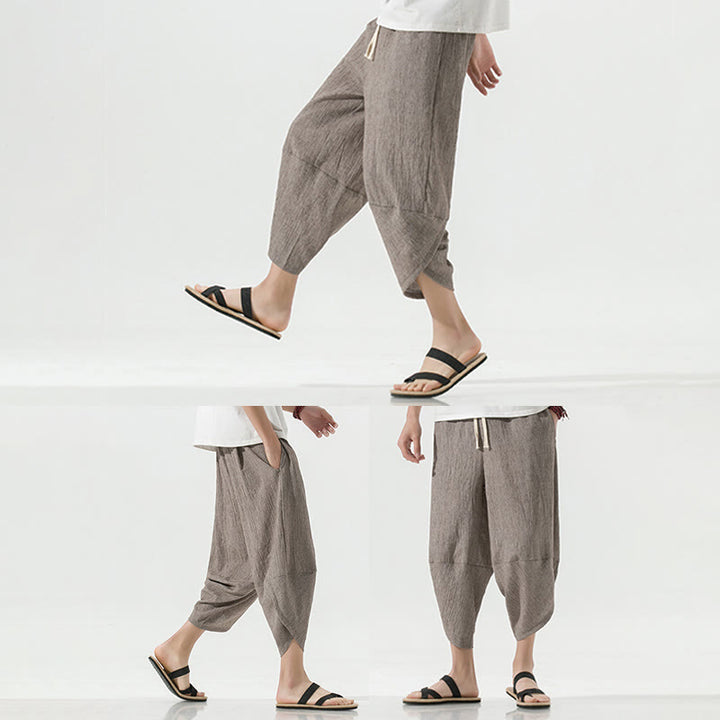 Buddha Stones Plain Simple Design Drawstring 7-8 Length Linen Men's Harem Pants With Pockets
