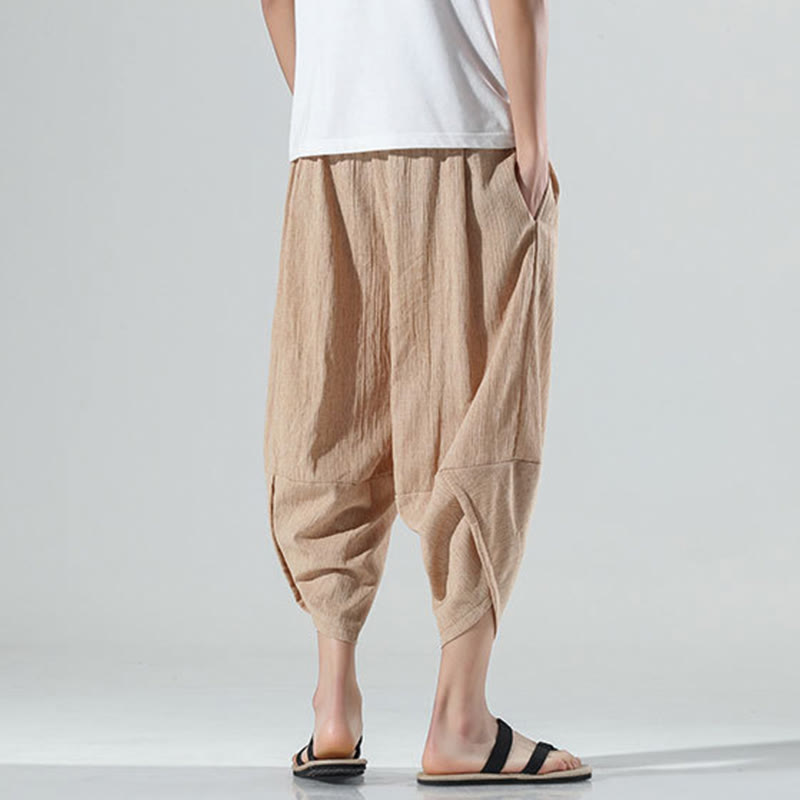 Buddha Stones Plain Simple Design Drawstring 7-8 Length Linen Men's Harem Pants With Pockets