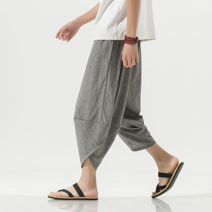 Buddha Stones Plain Simple Design Drawstring 7-8 Length Linen Men's Harem Pants With Pockets