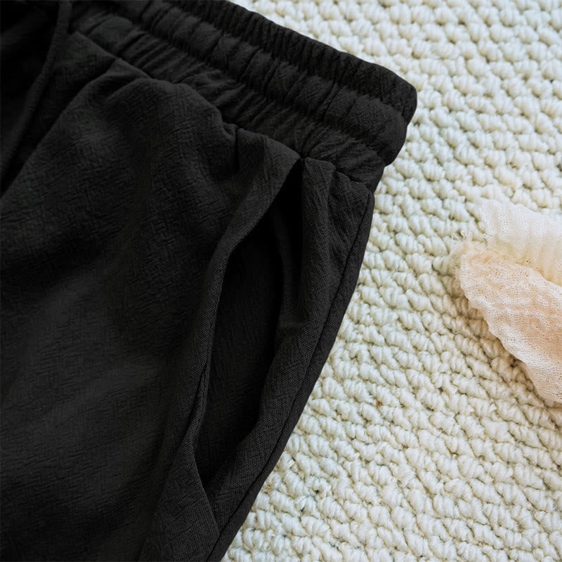 Buddha Stones Summer Plain Patchwork Design Drawstring Cotton Linen Women's Pants With Pockets