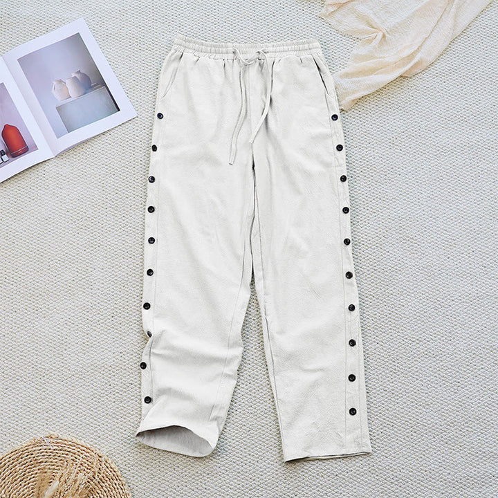 Buddha Stones Summer Plain Patchwork Design Drawstring Cotton Linen Women's Pants With Pockets