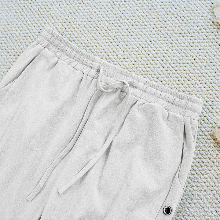 Buddha Stones Summer Plain Patchwork Design Drawstring Cotton Linen Women's Pants With Pockets
