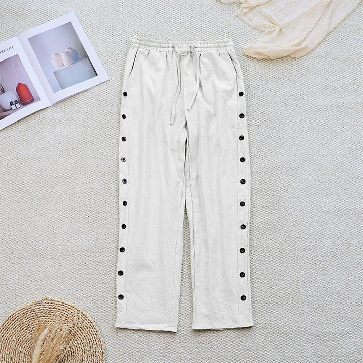 Buddha Stones Summer Plain Patchwork Design Drawstring Cotton Linen Women's Pants With Pockets