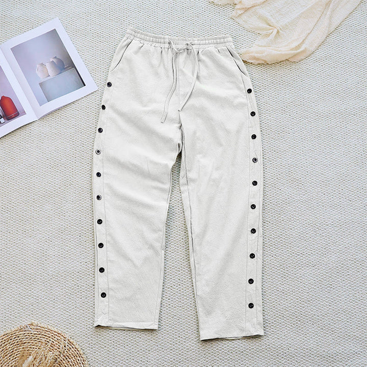 Buddha Stones Summer Plain Patchwork Design Drawstring Cotton Linen Women's Pants With Pockets