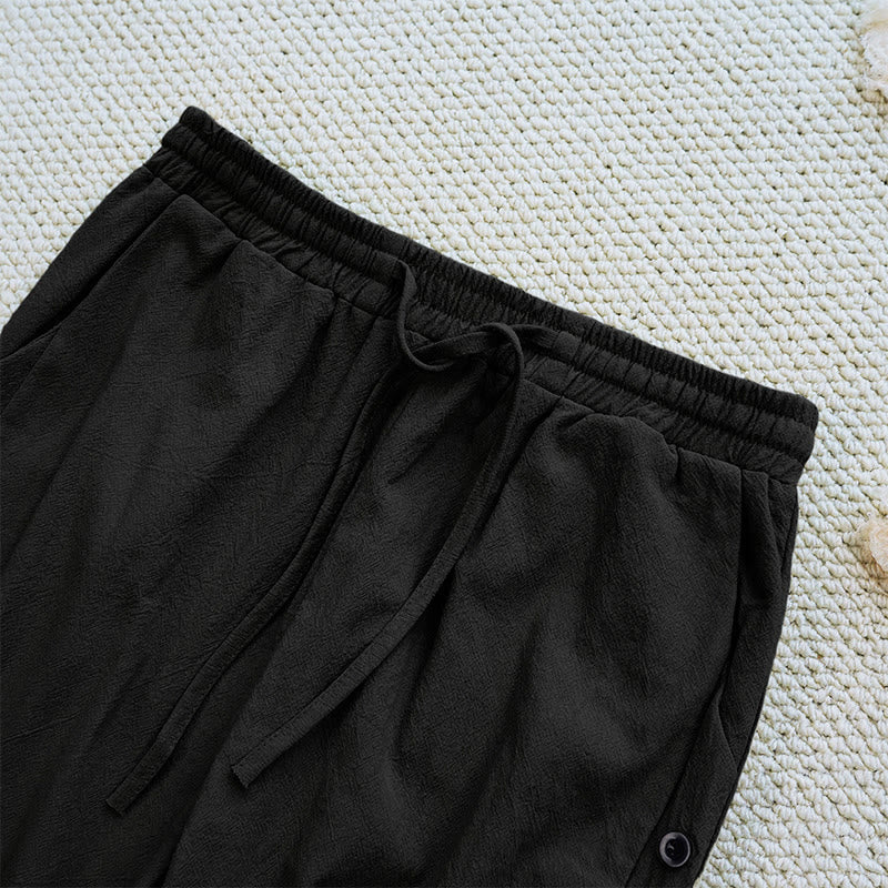 Buddha Stones Summer Plain Patchwork Design Drawstring Cotton Linen Women's Pants With Pockets