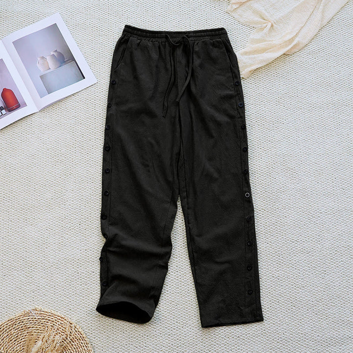Buddha Stones Summer Plain Patchwork Design Drawstring Cotton Linen Women's Pants With Pockets