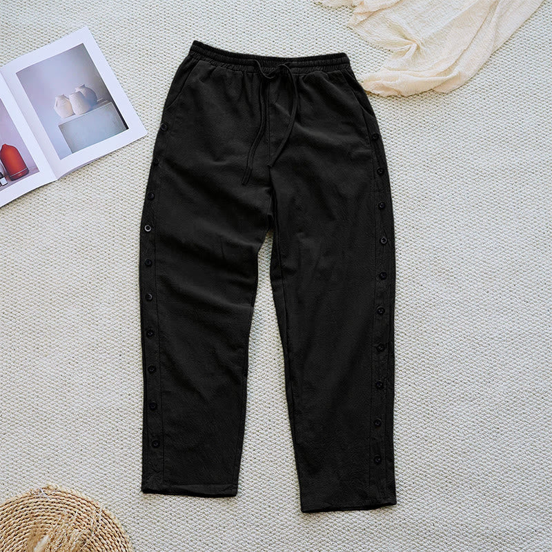 Buddha Stones Summer Plain Patchwork Design Drawstring Cotton Linen Women's Pants With Pockets