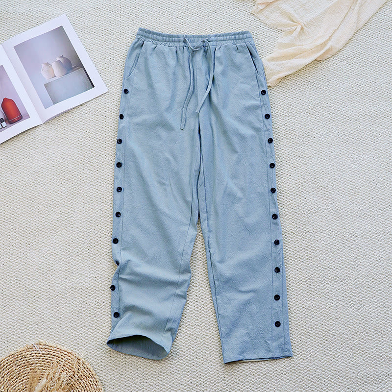 Buddha Stones Summer Plain Patchwork Design Drawstring Cotton Linen Women's Pants With Pockets