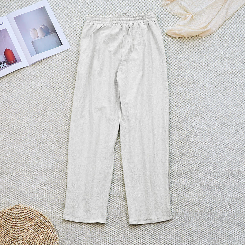 Buddha Stones Summer Plain Patchwork Design Drawstring Cotton Linen Women's Pants With Pockets
