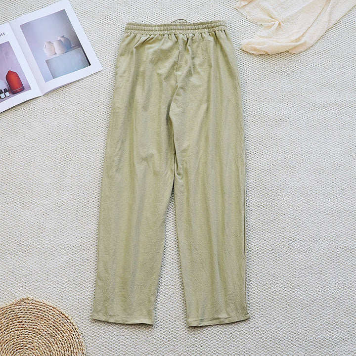Buddha Stones Summer Plain Patchwork Design Drawstring Cotton Linen Women's Pants With Pockets