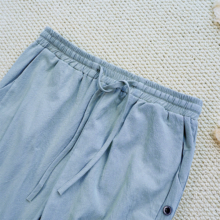 Buddha Stones Summer Plain Patchwork Design Drawstring Cotton Linen Women's Pants With Pockets