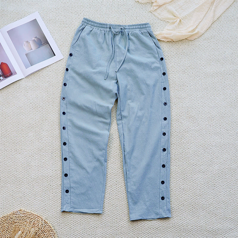 Buddha Stones Summer Plain Patchwork Design Drawstring Cotton Linen Women's Pants With Pockets