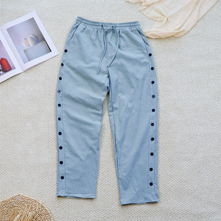 Buddha Stones Summer Plain Patchwork Design Drawstring Cotton Linen Women's Pants With Pockets