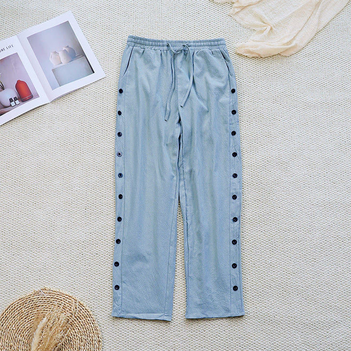 Buddha Stones Summer Plain Patchwork Design Drawstring Cotton Linen Women's Pants With Pockets