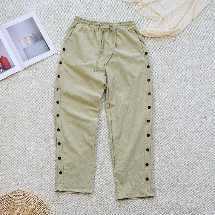 Buddha Stones Summer Plain Patchwork Design Drawstring Cotton Linen Women's Pants With Pockets