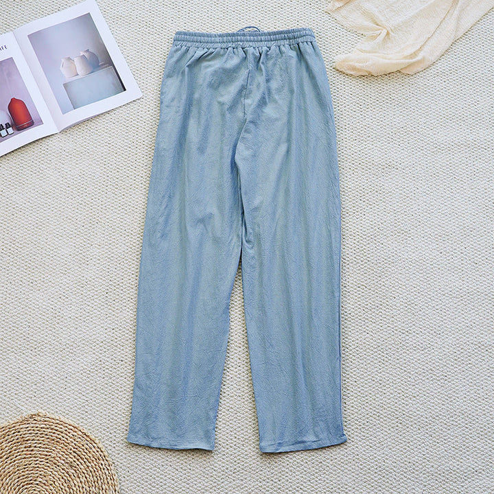 Buddha Stones Summer Plain Patchwork Design Drawstring Cotton Linen Women's Pants With Pockets