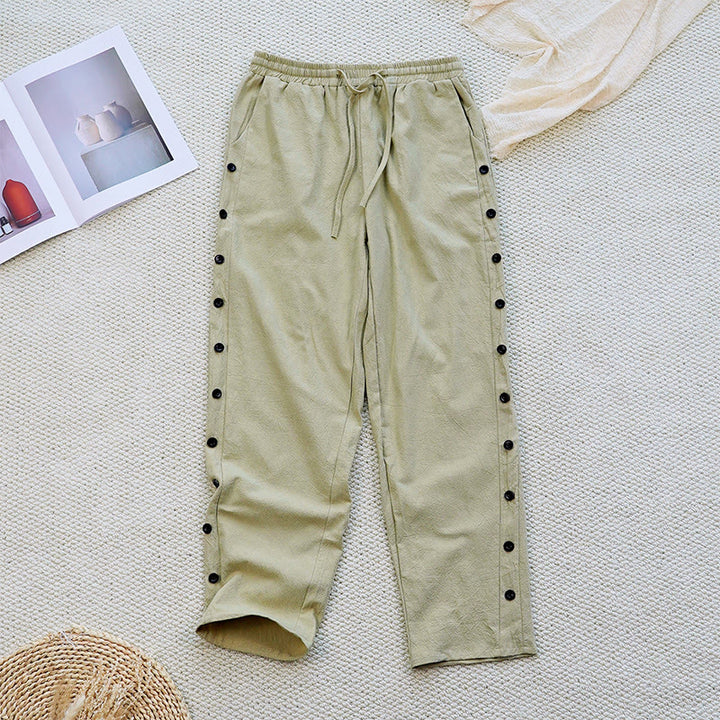 Buddha Stones Summer Plain Patchwork Design Drawstring Cotton Linen Women's Pants With Pockets