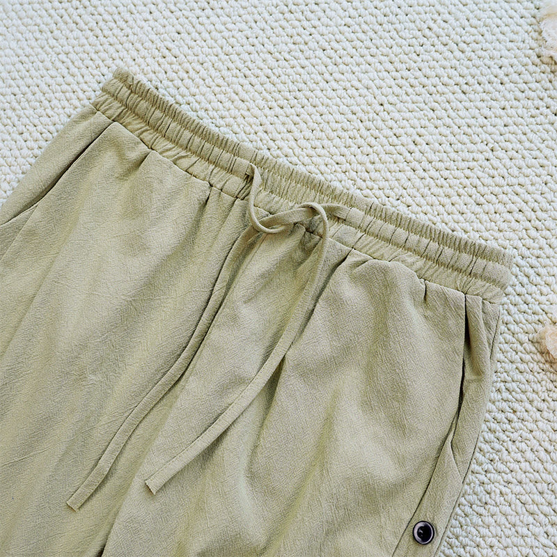 Buddha Stones Summer Plain Patchwork Design Drawstring Cotton Linen Women's Pants With Pockets