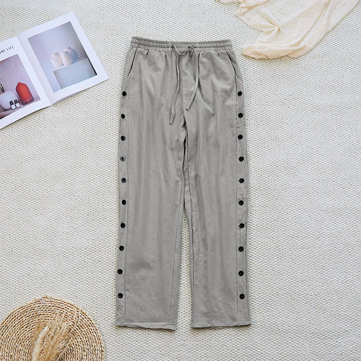 Buddha Stones Summer Plain Patchwork Design Drawstring Cotton Linen Women's Pants With Pockets