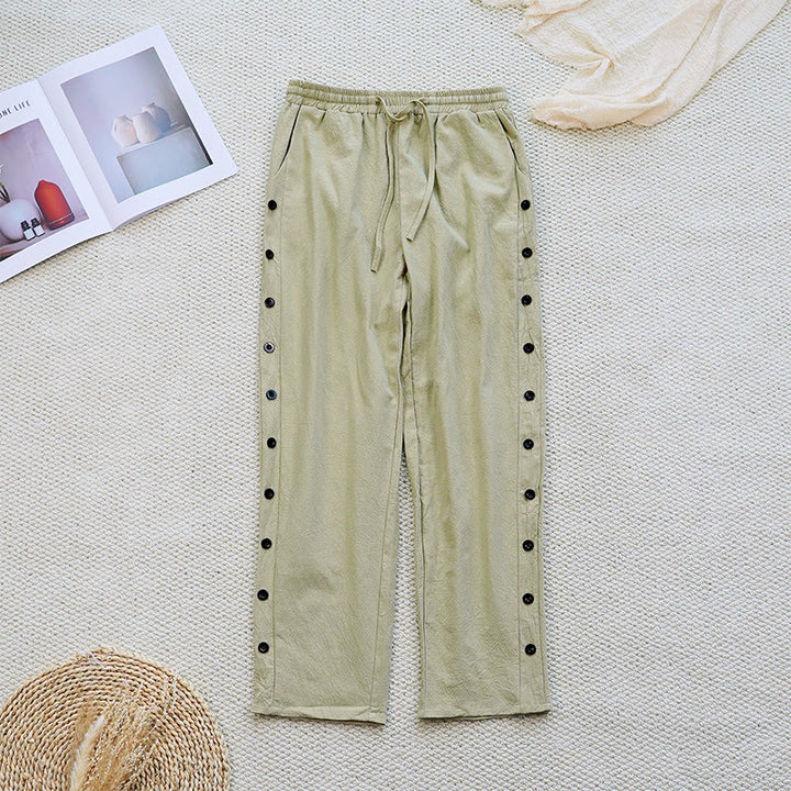 Buddha Stones Summer Plain Patchwork Design Drawstring Cotton Linen Women's Pants With Pockets
