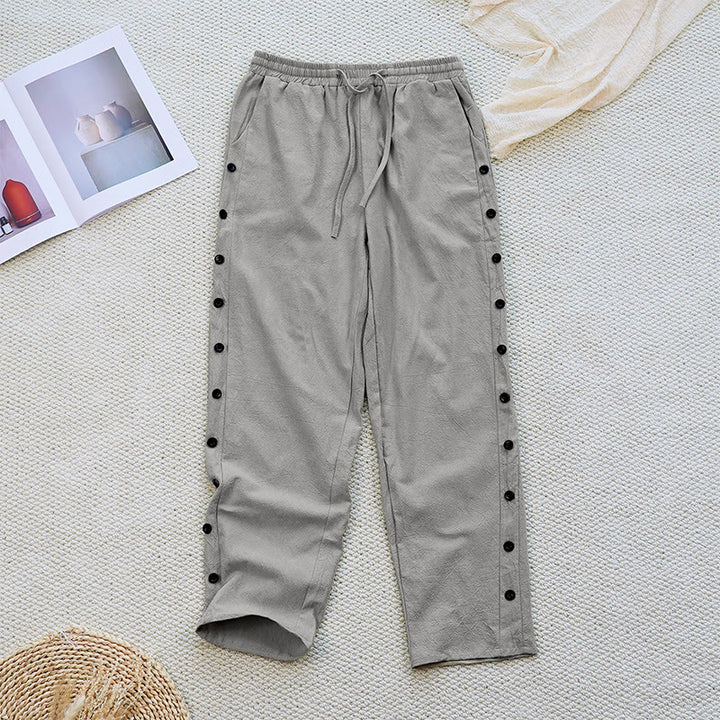 Buddha Stones Summer Plain Patchwork Design Drawstring Cotton Linen Women's Pants With Pockets