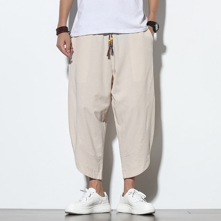 Buddha Stones Casual Summer Drawstring 7-8 Length Linen Men's Harem Pants With Pockets