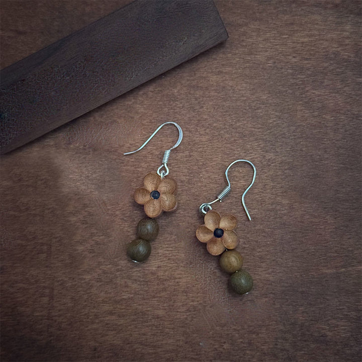 Buddha Stones 925 Sterling Silver Peach Wood Flower Green Sandalwood Luck Earrings