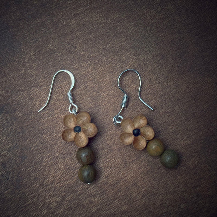 Buddha Stones 925 Sterling Silver Peach Wood Flower Green Sandalwood Luck Earrings