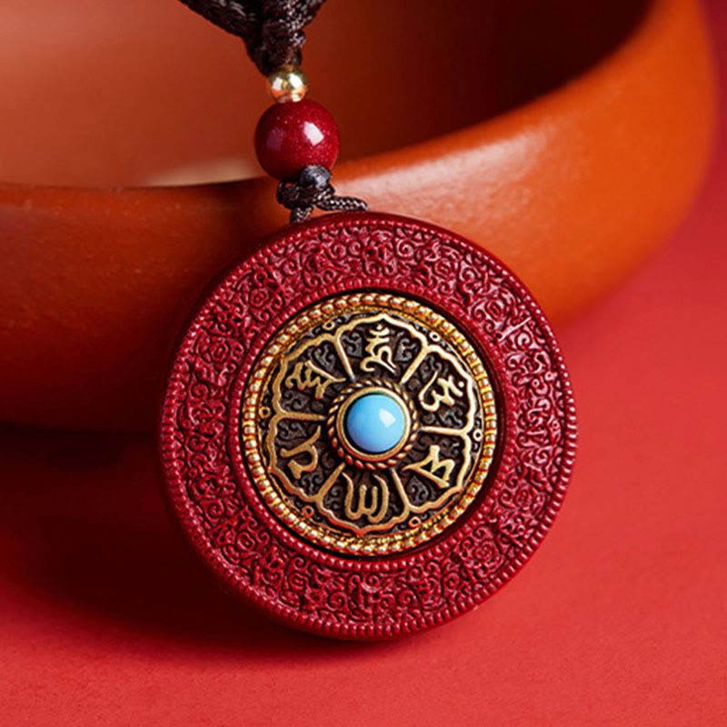Buddha Stones Natural Cinnabar Om Mani Padme Hum Rotatable Scripture Yin Yang Pattern Blessing Necklace String Pendant - Cinnabar - image 0