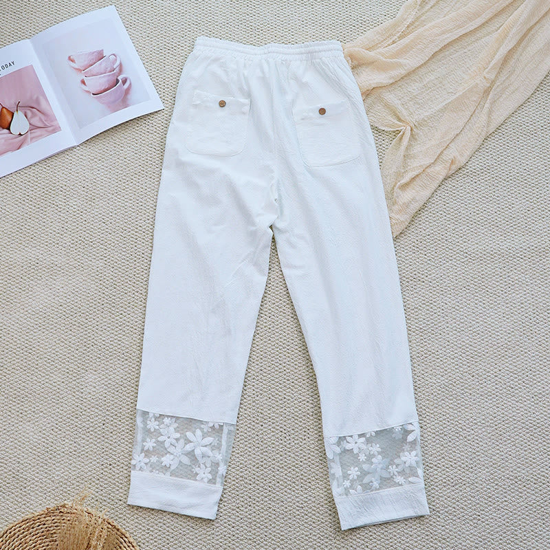 Buddha Stones Summer Daily FloralWhite Plain Patchwork Lace Design Cotton Linen Women's Pants With Pockets - image 3