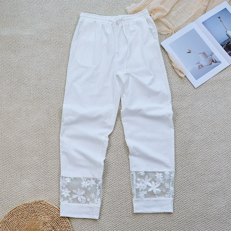 Buddha Stones Summer Daily FloralWhite Plain Patchwork Lace Design Cotton Linen Women's Pants With Pockets - image 4