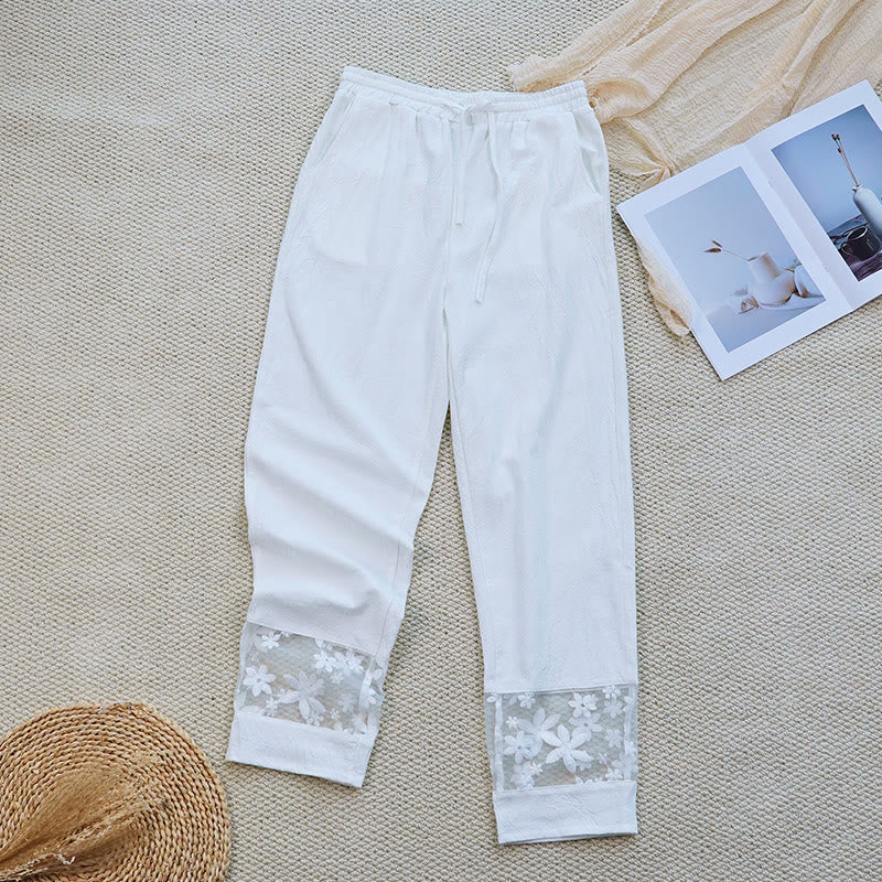 Buddha Stones Summer Daily FloralWhite Plain Patchwork Lace Design Cotton Linen Women's Pants With Pockets - image 1