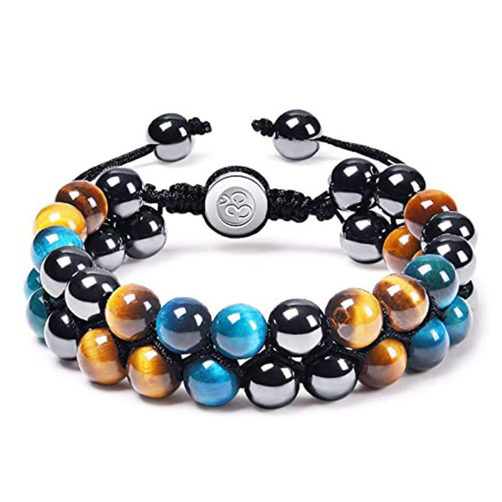 Buddha Stones Natural Blue Tiger Eye Black Magnetite Om Pattern Double Row Beads Strength Bracelet