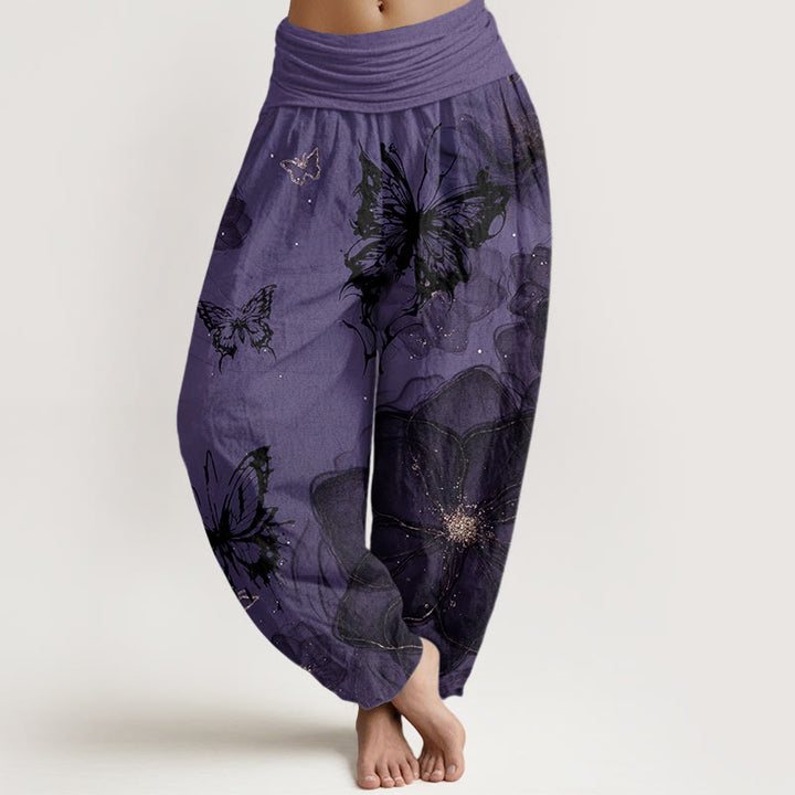 Buddha Stones Butterfly Flowers Pattern Women's Elastic Waist Harem Pants