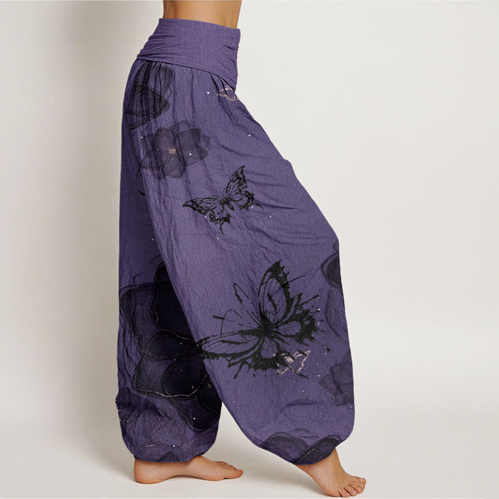 Buddha Stones Butterfly Flowers Pattern Women's Elastic Waist Harem Pants