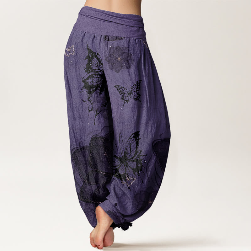 Buddha Stones Butterfly Flowers Pattern Women's Elastic Waist Harem Pants