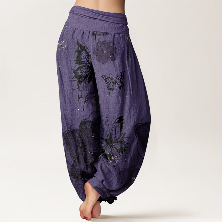 Buddha Stones Butterfly Flowers Pattern Women's Elastic Waist Harem Pants
