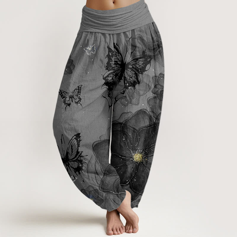 Buddha Stones Butterfly Flowers Pattern Women's Elastic Waist Harem Pants