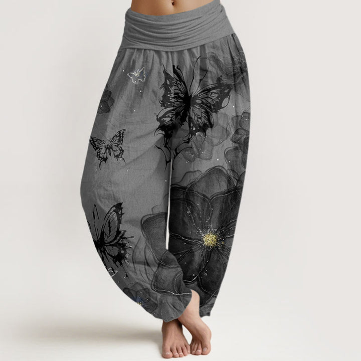 Buddha Stones Butterfly Flowers Pattern Women's Elastic Waist Harem Pants