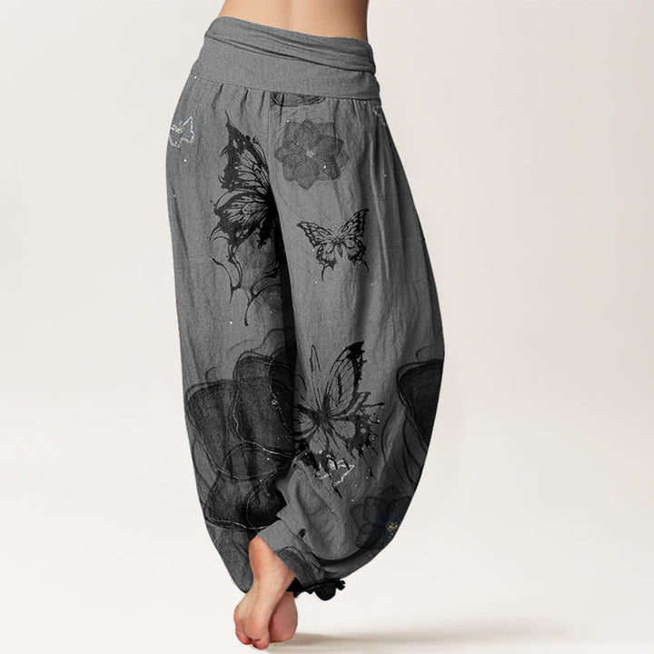 Buddha Stones Butterfly Flowers Pattern Women's Elastic Waist Harem Pants