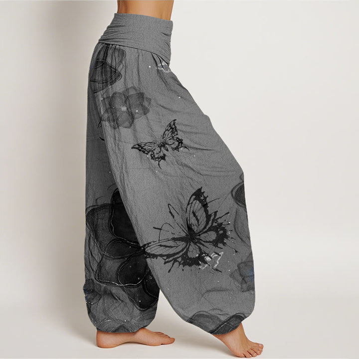Buddha Stones Butterfly Flowers Pattern Women's Elastic Waist Harem Pants