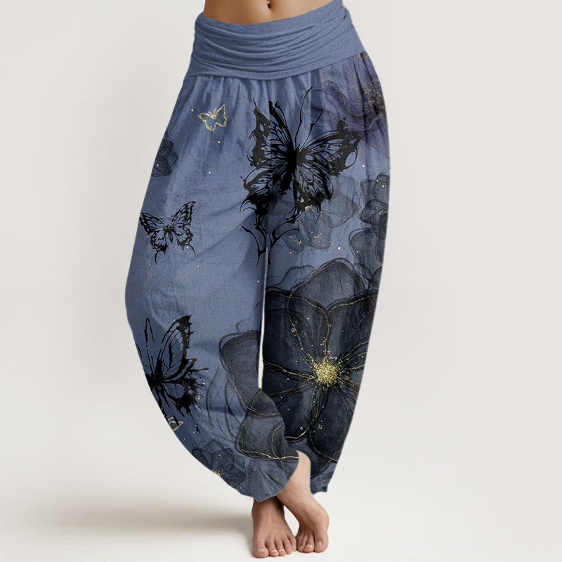 Buddha Stones Butterfly Flowers Pattern Women's Elastic Waist Harem Pants
