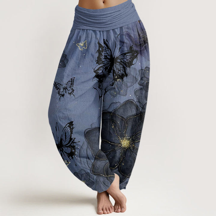 Buddha Stones Butterfly Flowers Pattern Women's Elastic Waist Harem Pants