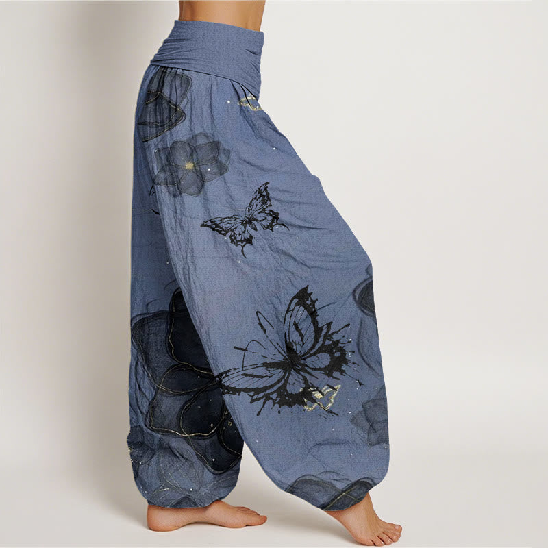 Buddha Stones Butterfly Flowers Pattern Women's Elastic Waist Harem Pants
