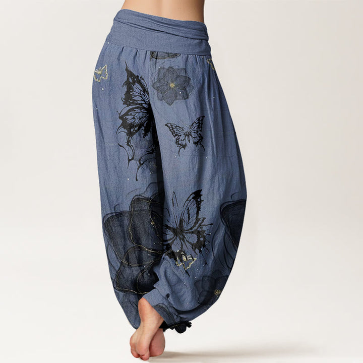 Buddha Stones Butterfly Flowers Pattern Women's Elastic Waist Harem Pants