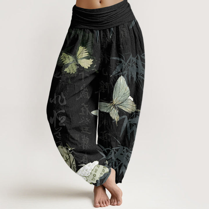 Buddha Stones Butterfly Bamboo Leaves Chinese Characters Pattern Women's Elastic Waist Harem Pants