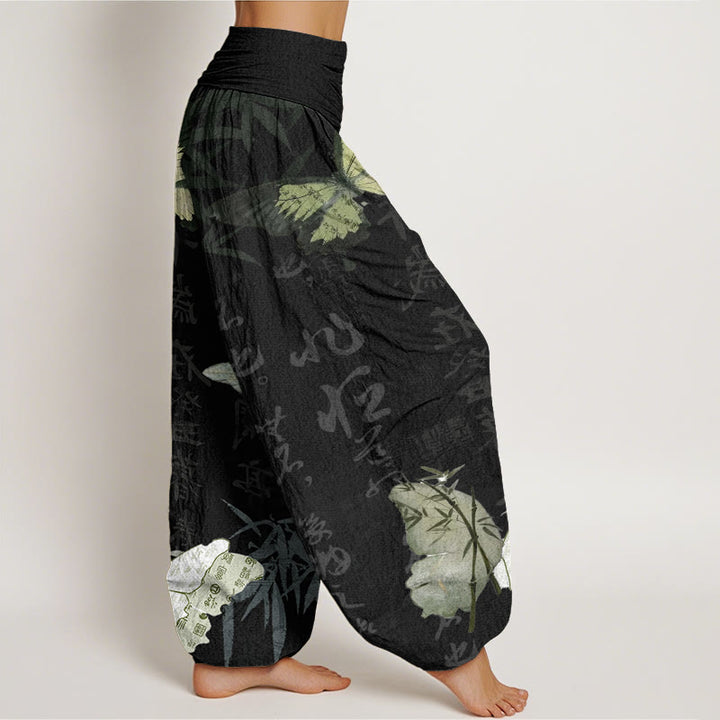 Buddha Stones Butterfly Bamboo Leaves Chinese Characters Pattern Women's Elastic Waist Harem Pants