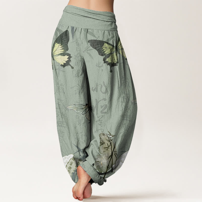 Buddha Stones Butterfly Bamboo Leaves Chinese Characters Pattern Women's Elastic Waist Harem Pants