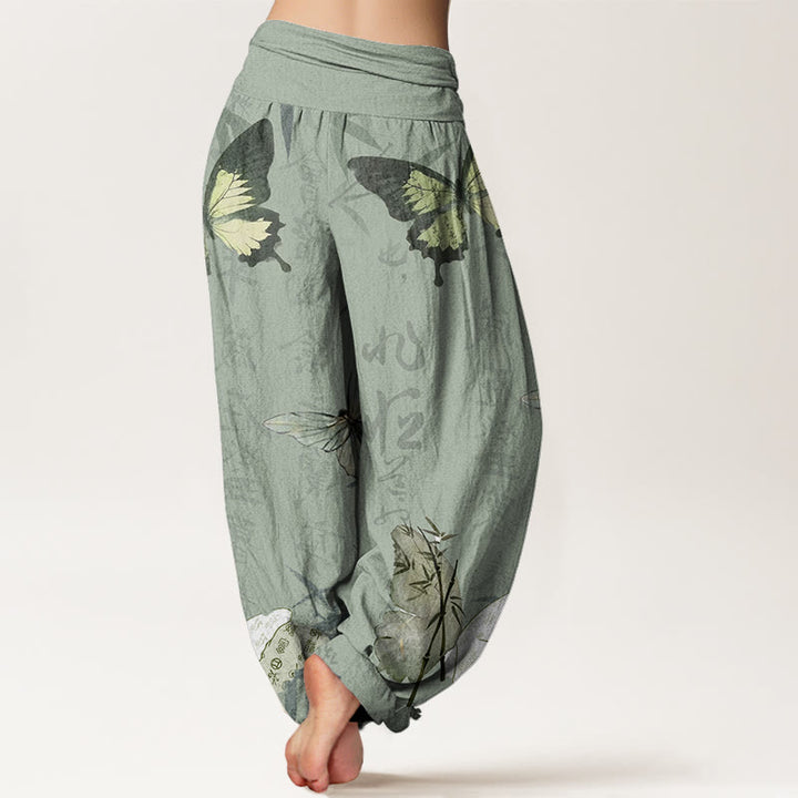 Buddha Stones Butterfly Bamboo Leaves Chinese Characters Pattern Women's Elastic Waist Harem Pants